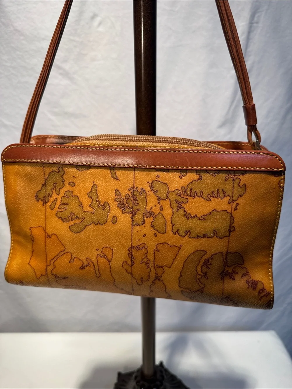 Alviero Martini Brown Map-Print Leather Messenger Bag